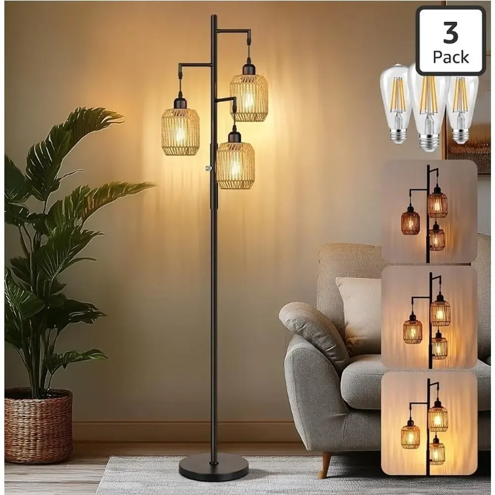 ROTTOGOON 68” Dimmable 3-Light Rattan Floor Lamp Boho Farmhouse Tree Lamp Black